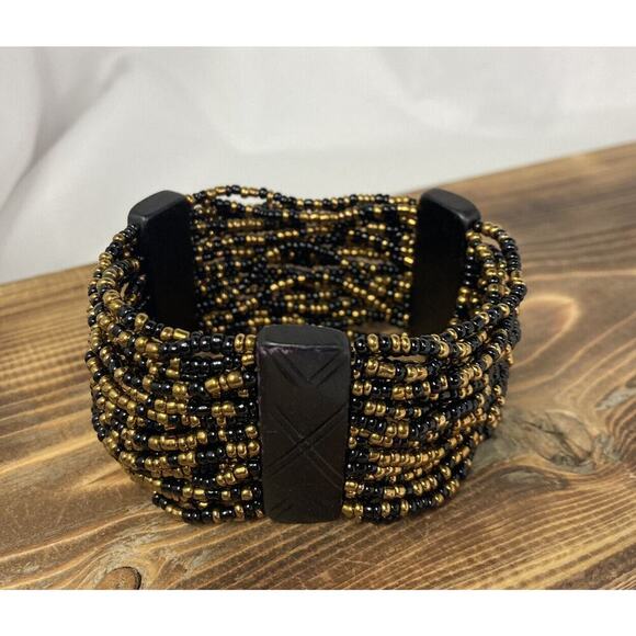Ethnic Tribal Black & Gold Seed Bead Multistrand Stretch Bracelet 7.5” - Picture 2 of 3